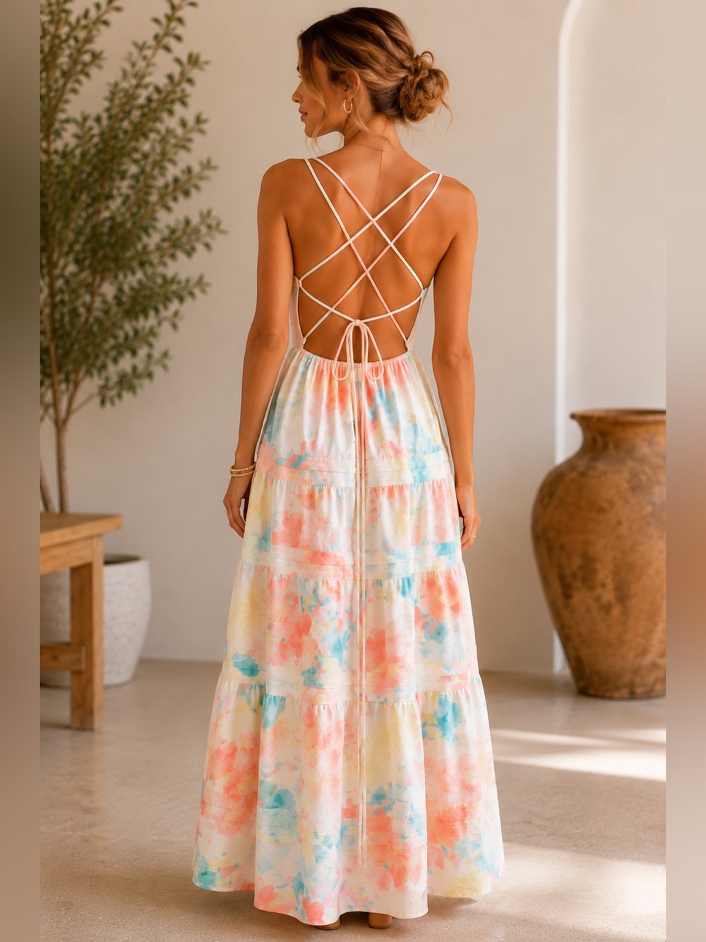 Tuckernuck Hyacinth House Watercolor Lace Up Back Resort Maxi Dress S